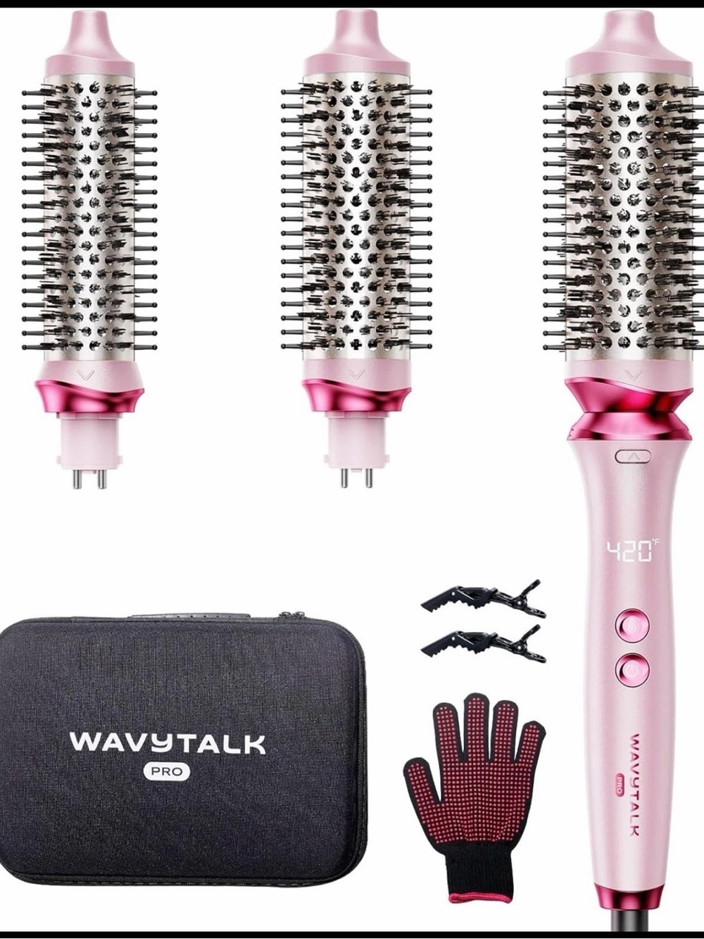 Wavytalk Heatwave Pro Ionic Thermal Brush Set, 3-Size Heated Round Brush, Pink